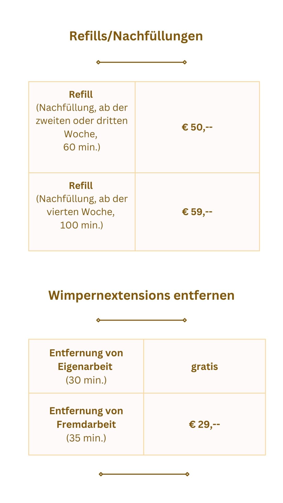 Liste mit noch mehr Preisen für Wimpernverlängerungen